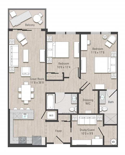 Floor plan for 2 beds, 2 baths, 1255 sqft